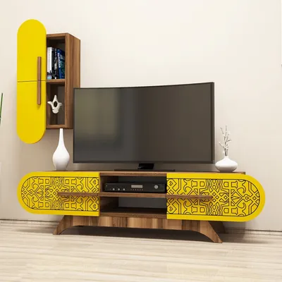 Image de Skye Decor, Defne- Defne DCM, couleur noyer, jaune, meubles TV, 37x145x35 cm, panneau de particules 100 % mélaminé