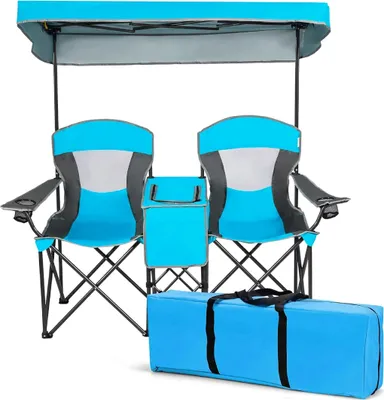 Produktbild von GOPLUS Campingstuhl faltbar, Angelstuhl mit Sonnendach für 2 Personen, Klappstuhl mit Kühltasche, Getränkehalter & Tragetasche, Gartenstuhl (Blau)