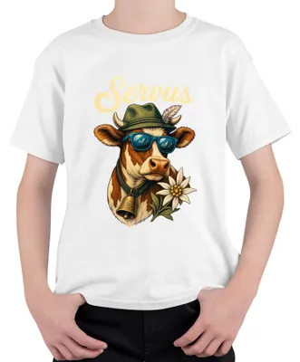 Produktbild von Servus Kuh Edelweiß Sonnenbrille Bayern Tracht Lederhose Dirndl Kinder T-Shirt, Weiß, 116