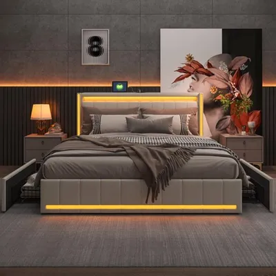 Zdjęcie produktu dla Łóżko dwuosobowe 160x200 cm z tapicerowaną wezgłowiem, czterema szufladami, oświetleniem LED i portem USB do ładowania