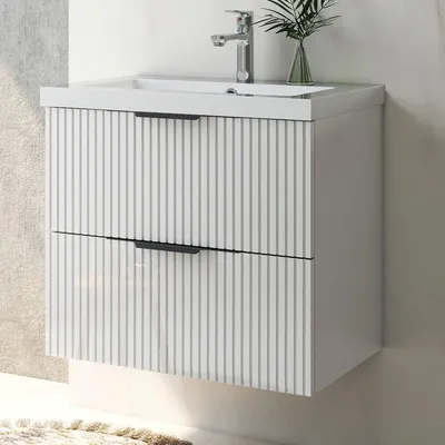 Produktbild von Waschtisch mit Unterschrank 60cm RIVA Badmöbel Set Hochglanz Weiß Waschbecken mit Unterschrank Softclose