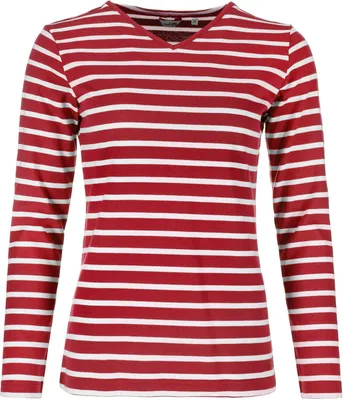 Produktbild von modAS Damen Shirt mit Streifen und V-Ausschnitt - Bretonisches Streifenshirt Langarm aus Baumwolle in Rot-Weiß Größe 52