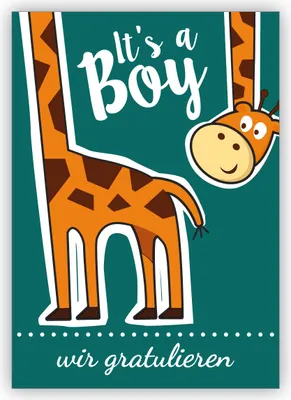 Produktbild von 4x süße Babykarte mit Giraffe zu Geburt eines Jungen: It's a boy - wir gratulieren