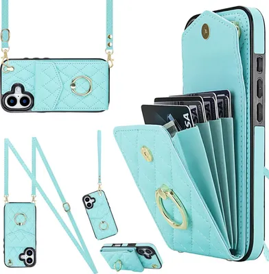 Image de Housse Crossbody en similicuir pour Apple iPhone 17 avec motif rhombique & porte-carte RFID Turquoise