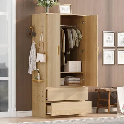 Produktbild von Merax Kleiderschrank mit Lochwand und versteckte Staufächer, Hochschrank mit 2 Schubladen, Kinderschrank mit Kleiderstange, Multifunktionsschrank,Natur