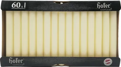 Obrázek produktu pro Dlouhé stolní svíčky, 60dílná sada (1x60), rozm. 21,5x180 mm, barva slonová kost, dlouhá doba hoření cca 5 hodin, sada 60 ks tenkých kuželových svíček
