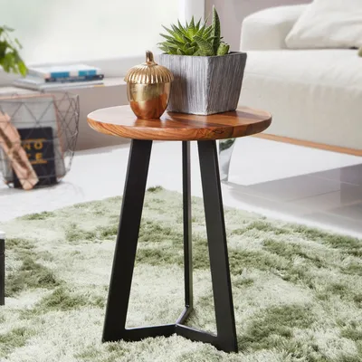 Produktbild von WOHNLING Beistelltisch 35 x 37 x 35 cm WL5.665 Sheesham Holz Metall Couchtisch Industrial Style Echtholz Hocker Wohnzimmer Holztisch Sofatisch