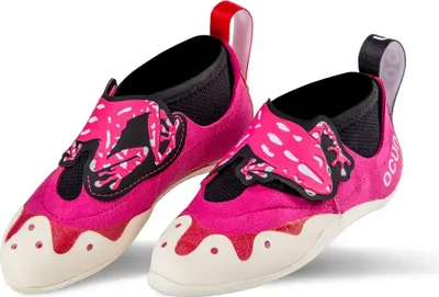 Rosa Kinderkletterschuhe "Ribbit" von Ocun mit buntem Design und rutschfester Sohle.