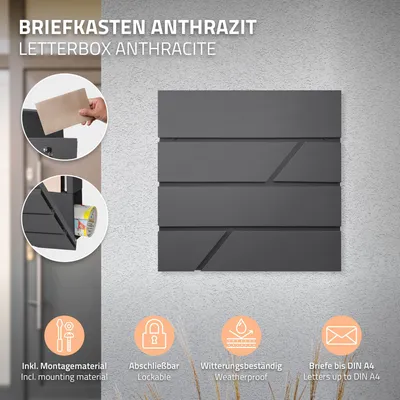 Produktbild von ECD Germany Briefkasten mit Zeitungsfach, 37x11x37 cm, aus Edelstahl pulverbeschichtet, Anthrazit, inkl. 2 Schlüssel, Montagematerial, Moderner Design