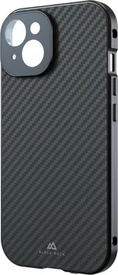 A black carbon fiber phone case with a camera cutout is shown from a side angle against a white background.