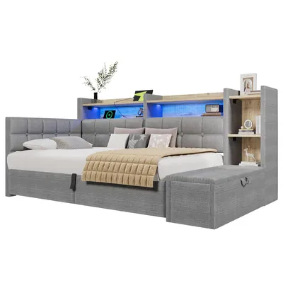Produktbild von Stauraumbett mit LED-Beleuchtung, Aufbewahrung, Lattenrost, Regal und USB/Type-C Anschlüssen, 90x200 cm, Schlafsofa, Einzelbett, Jugendbett, Samt