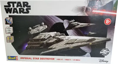 The image shows the box of a Revell Star Wars Imperial Star Destroyer model kit. The box art depicts the star destroyer in space with other smaller ships and a planet in the background. There are also some smaller inset images on the left side of the box s