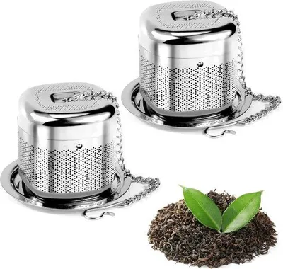 Productafbeelding van Unyqoos® 2-delige set fijne theefilters (thee-eieren) van roestvrij staal 304 – theefilters voor losse thee, met druk sluiting, 4x4x3,8 cm, 5 inch ketting voor bekers en theepotten