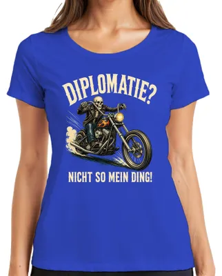 Immagine prodotto di Maglietta da donna, blu, taglia M. Motivo: "La diplomazia non fa per me". Stampa: scheletro su una moto. Stile: sarcastico