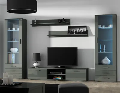 Produktbild von Furniture24 Wohnwand SOHO 4 mit Blauer LED Beleuchtung, Anbauwand, Wohnzimmerschrank, Schrankwand, Vitrine, Lowboard, Hängeregal Grau/Grau Hochglanz