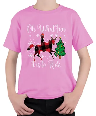 Produktbild von Oh What Fun Tis To Ride Weihnachten Pferd Rentier Buffalo Plaid Kinder T-Shirt, Pink, 152