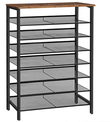 Image de Étagère à chaussures, 8 niveaux, étroite, inclinable, dimensions 100x30x137 cm, couleur marron foncé/noir, en métal, pour 32 à 40 paires
