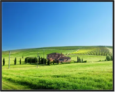Produktbild von Wallario Wandbild Farm in der Toskana, Größe: 40,30 x 50,30 cm, Poster mit schwarzem Aluminiumrahmen