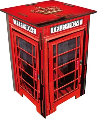 A close-up image of a red telephone booth themed storage stool.