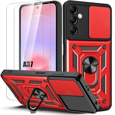 Image de Coque + 2 Verres Trempés pour Samsung Galaxy A37 5G, avec Anneau Réglable Protection Caméra - Rouge