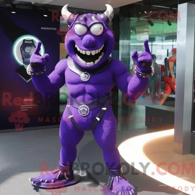 Immagine prodotto di Personaggio mascotte REDBROKOLY del diavolo viola vestito con un costume da bagno intero e orologi con braccialetto