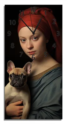 Produktbild von Wallario Design Wanduhr Dame mit Hund aus Echtglas, Größe 30 x 60 cm