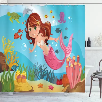 Zdjęcie produktu dla ABAKUHAUS Podwodna zasłona prysznicowa, bajkowa syrenka, uśmiechnięta podwodna kraina oceanu, uroczy motyw, 175 x 240 cm, wielokolorowa