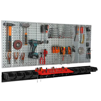 Obrázek produktu pro Tabule na nářadí 156x72 cm Kovový úložný systém s držáky na nářadí Háčky na nářadí a 8 odkládacích boxů 100 x 150 x 70 mm Barva: černá Tabule na kolíky Dílna Garáž Tabule na kolíky Elektrické nářadí Tabule na kolíky