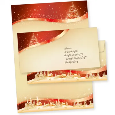 A set of Christmas stationery including letter paper and envelopes, with festive designs.