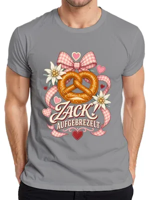 Produktbild von Zack! Aufgebrezelt Brezel Edelweiß Herz Lederhose Herren T-Shirt, Grau, XL