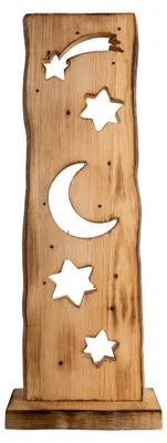 Produktbild von LED-Holz-Dekoleuchte Mond/Sterne h: 60cm, Deko im Landhaus Stil, aus Holz in natur, 16 x 2,5 x 60 cm, mit LED Platine – Batteriebetrieb – Timerfunktion – Schiebeschalter