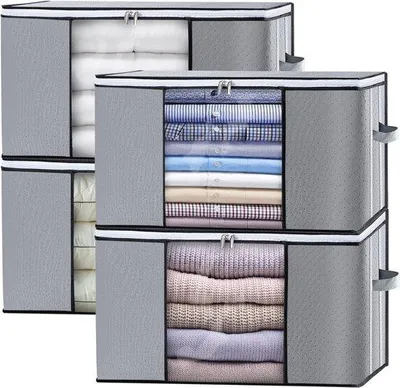 Image de Boîte de rangement pliable pour vêtements avec couvercle - Grande capacité, poignée renforcée et fermeture à glissière - Lot de 4, gris