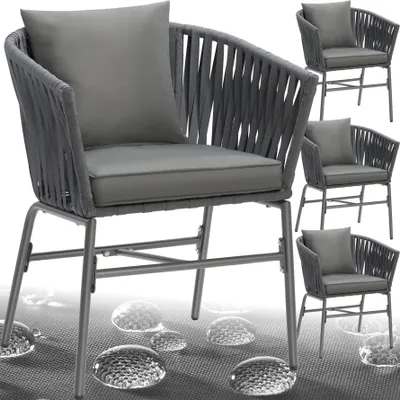 A collage of four gray woven chairs with cushions, set against a light gray and white background with water droplet graphics.