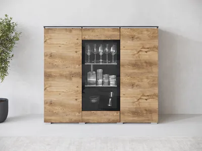 Produktbild von MIRJAN24 Türkommode Vera 120, Stilvoll Wohnzimmer, Kommode mit drei Drehtüren (Farbe: Matera / Kastanien Breslau, mit weißer LED Beleuchtung)