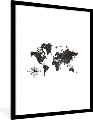 Produktbild von MuchoWow® Gerahmtes Poster Weltkarte - Schwarz - Abstrakt 60x80 cm - Poster mit Schwarzem Bilderrahmen Wandposter Rahmen Foto Bilder - Wohnzimmer - Dekorationen - Prämie