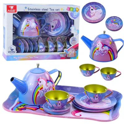 Immagine prodotto di Set da tè per bambini in metallo con tazze, teiera e vassoio con unicorno