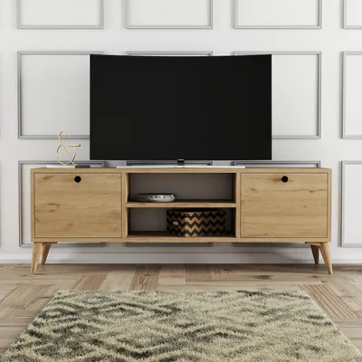 Produktbild von Skye Decor, Moderner TV-Ständer aus 100% melaminbeschichtetem Spanplatten, Eiche, 138 x 42,6 x 29,5 cm | 18 mm dick | Mit Kunststoffbeinen, zahlreichen Regalen, wandmontierbar.