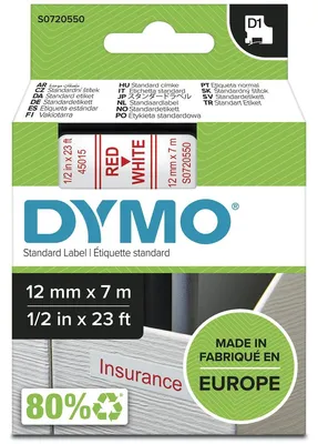 Image de Dymo D1 Ruban 12 mm x 7 m rouge sur blanc 45015