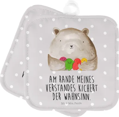 Produktbild von Mr. & Mrs. Panda Topfuntersetzer Bär Gefühl - Grau Pastell - Geschenk, Topflappen Set, Durchgedreht, Ofenlappen, Wahnsinn, Teddy, topfhalter, Topflappenset, Verrückt