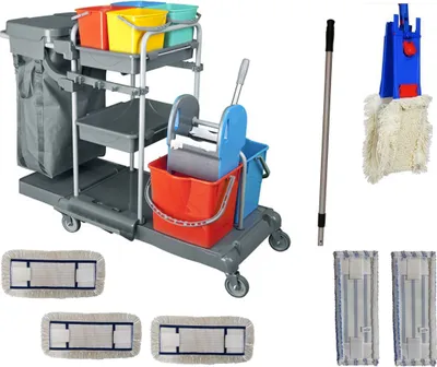 Produktbild von CleanSV Wischset 40 cm CleanSV Deluxia Profi PE Reinigungswagen Servicewagen, 1 Laschenmop Halter, 4 x Laschenmop Baumwollmop, 2 Lamo Microfaser, Teleskopstiehl