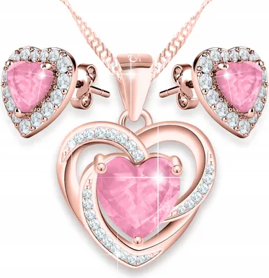 Produktbild von Set aus vergoldeter Halskette und Ohrringen mit rosa Herzen und Zirkonia, 925er Silber