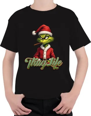 Produktbild von Thug Life Grinch Joint Weed Cannabis Kiffen - Weihnachten Christmas Xmas Uni Kinder T-Shirt, Schwarz, 152