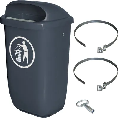 Produktbild von 50 Liter Müllbehälter anthrazit im Komplettset, Schellenband zur Pfahlbefestigung