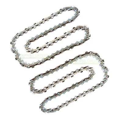 Two chainsaw chains are laid out in a wavy pattern on a white background.