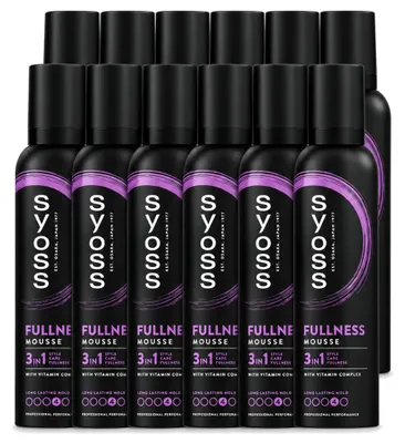 Imagen del producto de 12 unidades de espuma para el cabello Syoss Fullness, 250 ml cada una. Paquete económico