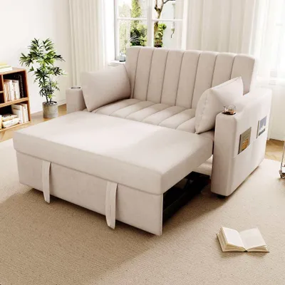 Produktbild von AIORBER Multifunktionales Schlafsofa 2-Sitzer Klappsofa mit Stauraum USB Ladeanschluss Getränkehalter verstellbarer Rückenlehne Kissen Grau / Beige