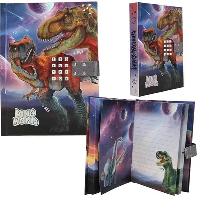 Produktbild von Depesche Dino World - Tagebuch mit Zahlen-Code und Sound, Buch in Blau und Lila, mit -T-Rex Motiv und 192 linierten Seiten