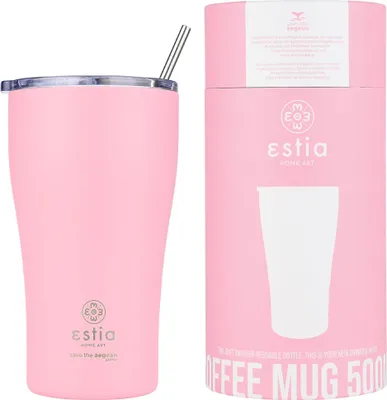 Zdjęcie produktu dla ESTIA | Kubek termiczny - 350 ml - różowy kubek izolowany - ze szczelną pokrywką i słomką