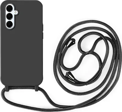 A black phone case with a black lanyard is displayed against a white background.