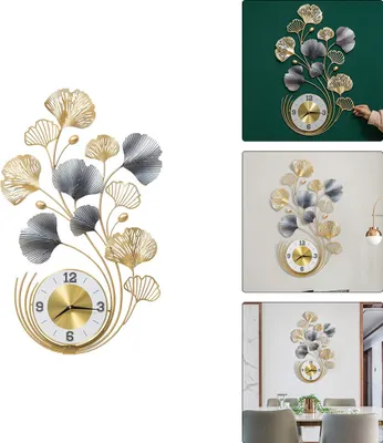 A collage of images showing a decorative wall clock with a floral design, displayed in different settings and on different backgrounds.